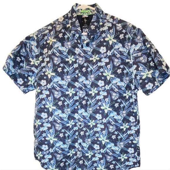 Men's DF Blue Hawaiin Floral‎ Button Down Shirt sz Medium - Picture 1 of 6
